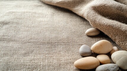 Poster - A textured burlap fabric with smooth pebbles scattered on top.