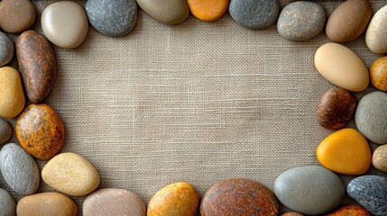 Poster - A frame of smooth stones surrounding a textured fabric background, ideal for creative projects.