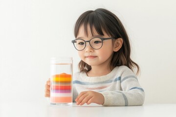 Poster - A young girl observes a colorful layered liquid in a clear glass.