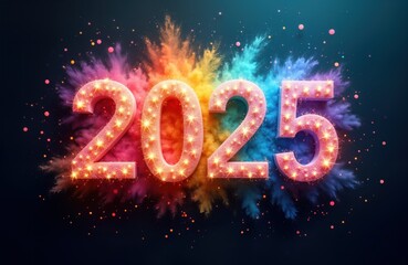 Fototapete - 2025 New Year colorful explosion. Rainbow numbers shine. Festive design. Bright vibrant colors. Holiday celebration. Futuristic art. Happy New Year. Digital graphic art. Modern event concept