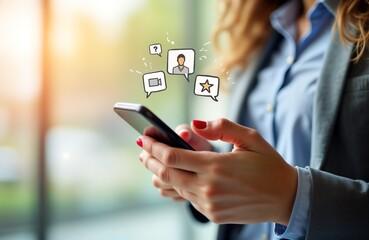 Aufkleber - Woman uses smartphone. Mobile phone displays social media notifications. Icons show likes comments messages. Digital marketing concept. Online communication. Business tech.