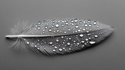 Poster - A delicate feather adorned with water droplets on a smooth surface.
