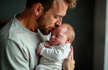 father gently kisses sleeping newborn baby girl. caucasian dad holds infant daughter. tender moment 