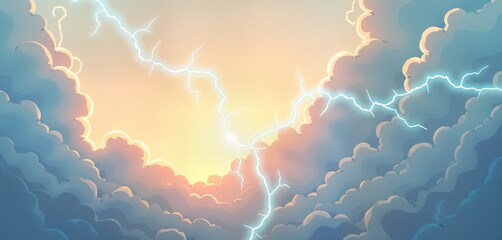Poster - Blue lightning strikes through fluffy clouds. Bright sun shines. Thunderstorm weather. Dramatic sky. Digital art. Power energy nature background. Ideal for game design website tech video.