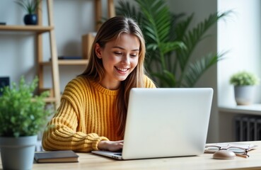 Aufkleber - Young woman uses laptop. Girl student works online. Female freelancer at home. Attractive brunette browses internet. Casual comfy clothing. Remote job search.