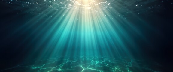 Aufkleber - Sun rays shine deep underwater creating ocean scene. Tranquil sea landscape. Shimmering light penetrates clear water. Relaxing marine background. Serene atmosphere. Perfect for travel brochure
