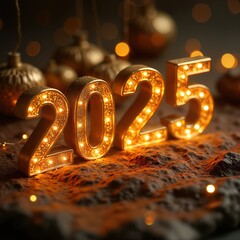 Poster - Illuminated gold 2025 New Year numerals. Festive holiday decoration. Glitter lights shine. Christmas celebration. Happy New Year concept. Golden ornaments.