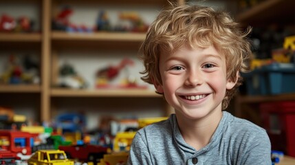 Aufkleber - A smiling child in a playroom filled with colorful toy cars and trucks.