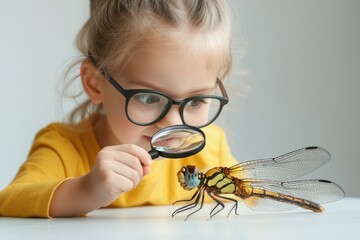 Poster - A child examines a dragonfly with a magnifying glass, showcasing curiosity and exploration.