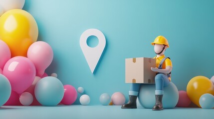 Poster - A 3D figure in a hard hat sits with a box among colorful balloons, suggesting delivery or logistics.
