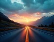 © Pete - Asphalt road stretches to sunset. Mountains frame highway. New year direction concept. Future vision. Business success. Travel journey. Growth path. Forward movement. Transportation route. Road trip.