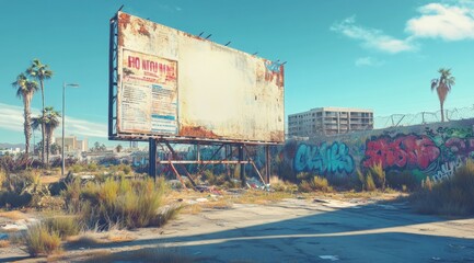 Poster - An abandoned billboard surrounded by graffiti and overgrown vegetation in an urban environment.