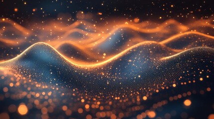 Poster - A mesmerizing digital landscape featuring vibrant waves of orange and blue lights, creating a sense of depth and movement ideal for modern design projects.