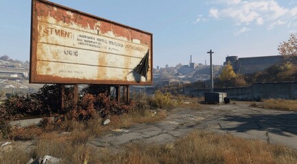 Poster - A weathered billboard stands in an overgrown, abandoned area, hinting at past activity.