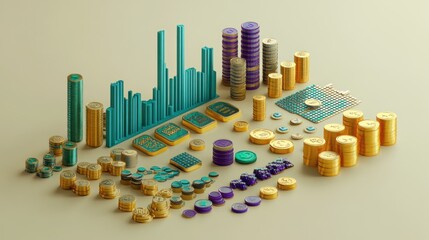 Poster - A collection of colorful coins, bars, and graphs arranged for financial representation.