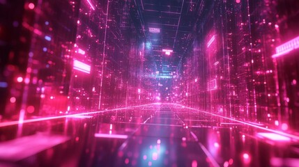 Poster - A mesmerizing digital tunnel showcasing vibrant pink and blue lights. Ideal for themes around technology, innovation, and futuristic concepts.