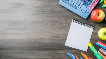 Poster - A workspace with a keyboard, apples, a notepad, and colorful markers on a wooden surface.