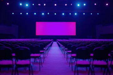 Poster - A stage setup with rows of chairs and a large screen, ready for an event or presentation.