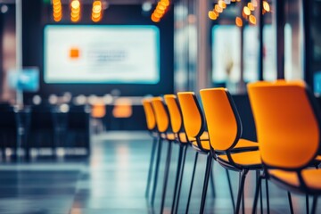 Poster - A modern indoor space featuring rows of orange chairs and a blurred background.