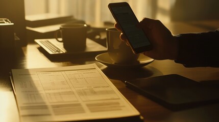 Poster - A person using a smartphone beside documents and coffee in a warm, illuminated workspace.