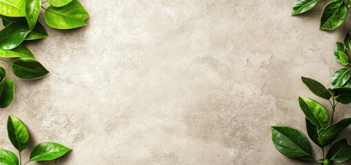 Poster - A textured background with green leaves framing a neutral surface, ideal for nature-themed designs.