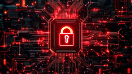 Poster - A modern digital security concept represented by a glowing red padlock on a complex circuit board background, symbolizing data protection and cybersecurity.