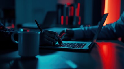 Poster - A close-up of hands working on a laptop in a dimly lit environment.