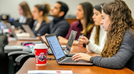 Aufkleber - Students engaged in a classroom setting, using laptops and coffee cups during a lecture.