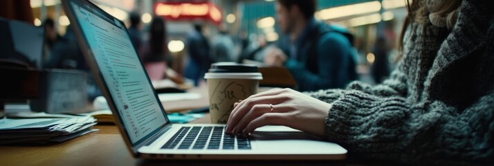 Poster - A person working on a laptop with a coffee cup in a busy environment.