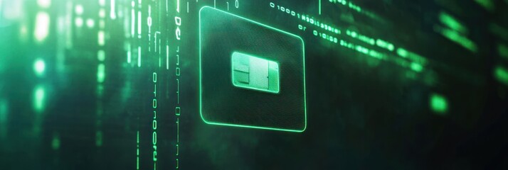 Aufkleber - A digital representation of a microchip surrounded by binary code, symbolizing technology.