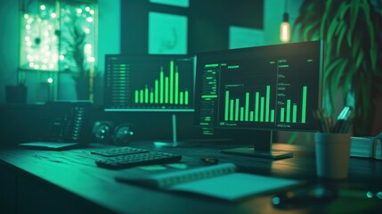Leinwandbilder - A modern workspace featuring dual monitors displaying data analytics and graphs.