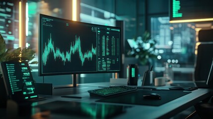 Aufkleber - A modern office setup featuring a computer displaying financial data and analytics.