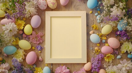 Poster - A blank frame surrounded by colorful Easter eggs and flowers on a wooden surface.