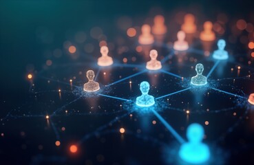 Aufkleber - Glowing human icons network. Digital communication concept. Abstract social media background. Interconnected nodes. Tech illustration. Global network. Virtual community. Data connection. Bright