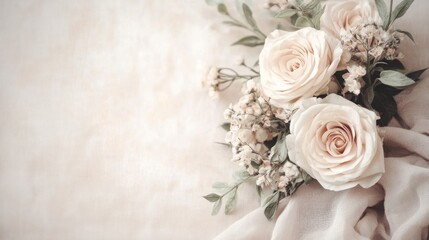 Poster - A delicate arrangement of soft pink roses and greenery on a textured background.