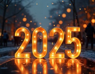 Poster - Illuminated 2025 sign stands on snowy street. Night city background. New year celebration. Festive winter scene. Holiday lights. Perfect for greeting cards. Happy New Year design. Winter wonderland.