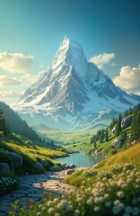 Wall Mural - Mountain lake serene landscape. Stone path leads to calm water. Green valley meadows surround. Nature scene summer day. Eco tourism travel destination. Perfect background image.