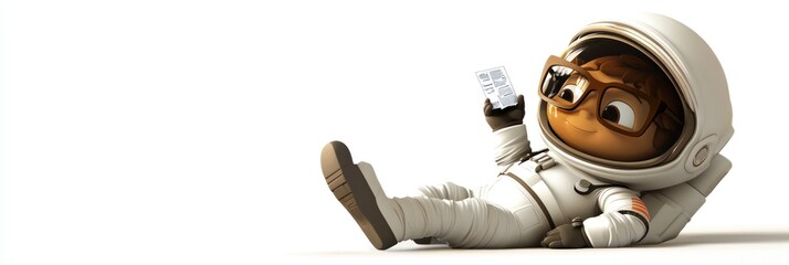 Poster - A cartoon character in an astronaut suit relaxes while holding a device.