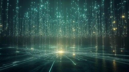 Fototapete - A stunning abstract image showcasing a digital landscape with luminous particles and flowing lines, representing futuristic technology and innovation.