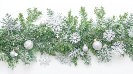 Poster - Festive greenery with silver ornaments and snowflakes for holiday decoration.