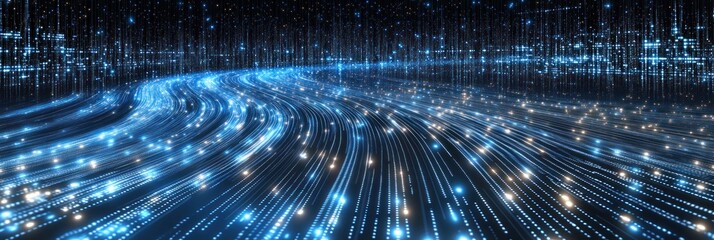 Aufkleber - A digital landscape of flowing blue light, representing data and technology.