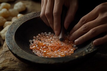 Poster - Hands grinding pink crystals in a rustic bowl, showcasing traditional craftsmanship.