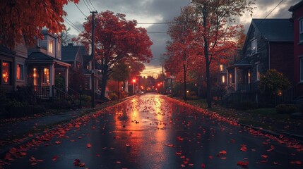 Poster - A serene autumn street scene with colorful leaves and a reflective wet road at dusk.