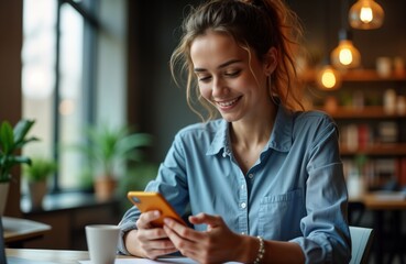 Aufkleber - Young woman uses smartphone in coworking space. Female freelancer works remotely. Businesswoman reads message. Girl chats online. Digital nomad lifestyle. Modern communication. Workplace tech. Casual