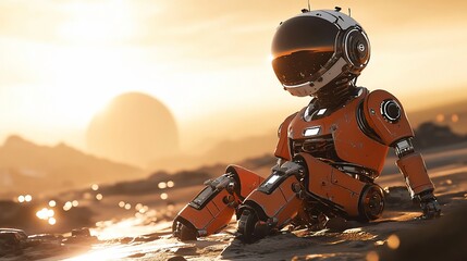 Aufkleber - Small orange robot sits on alien planet at sunset.