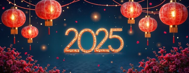 Aufkleber - 2025 New Year celebration design. Illuminated numbers 2025 with red Chinese lanterns. Festive background perfect for cards invitations banners. Modern minimalist style. Happy New Year concept.