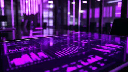 Fototapete - A sleek digital interface displaying data analytics in a modern, purple-lit environment.