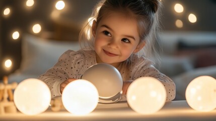 Aufkleber - A young girl plays with glowing orbs in a cozy, softly lit room.