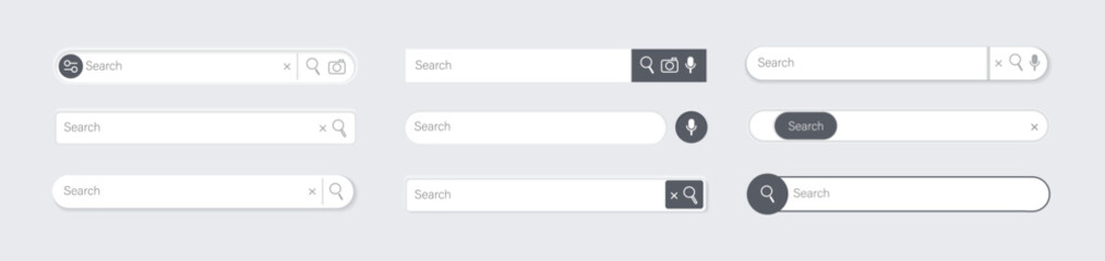 Poster - Search bar 3d. Search internet box website ui, browser engine text field, navigation bar with button and icons. Interface light element templates with shadow. Vector isolated set.