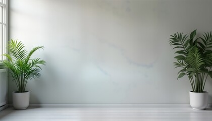 Poster - Empty room interior design. Grey wall background. Two potted plants. White floor. Minimalist home decor. Modern apartment. Clean space. Bright light. Simple style. Perfect for Zoom. Social media.
